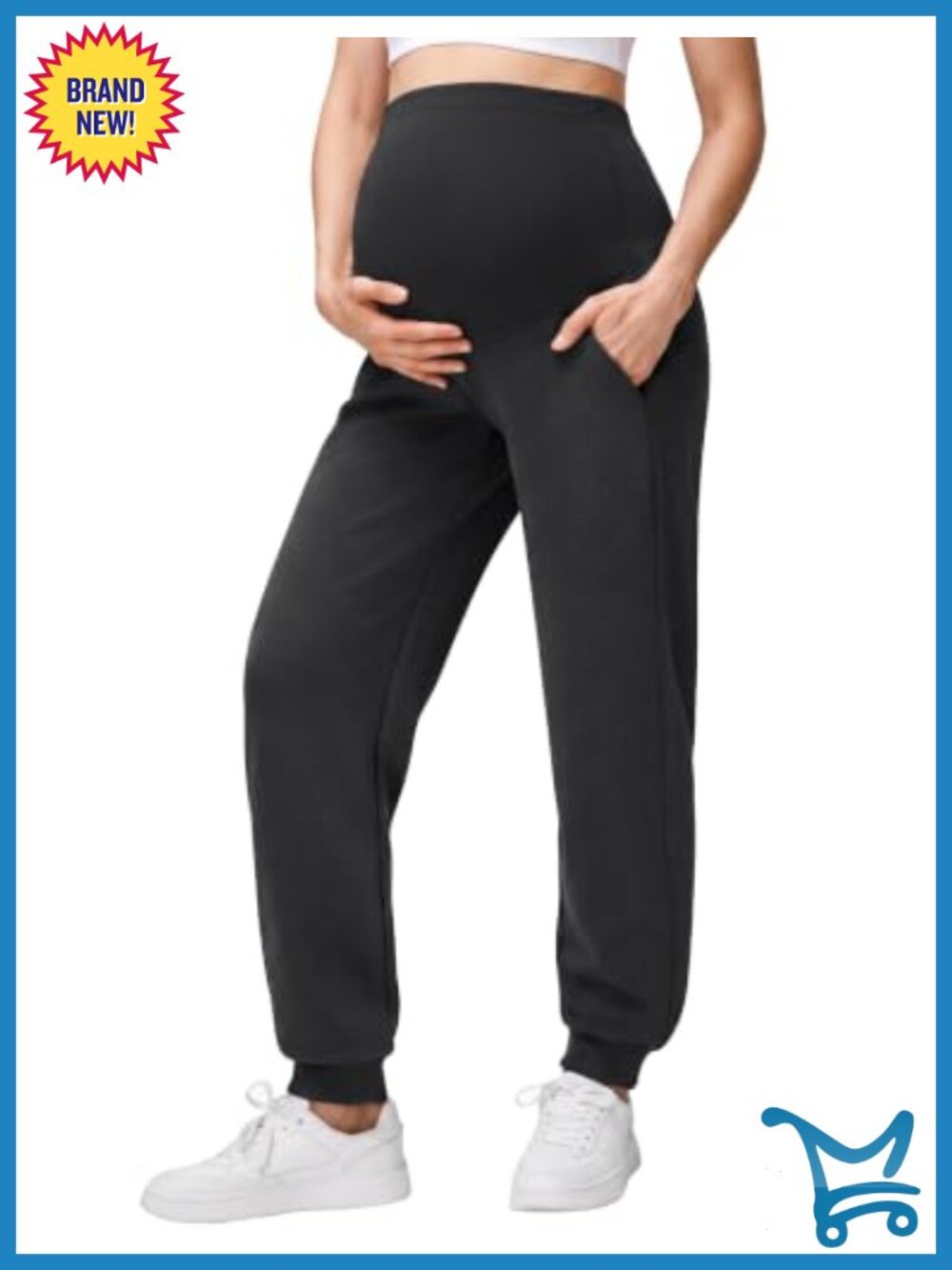 Fleece Lined Cotton Maternity Joggers Sweatpants High Rise Tapered